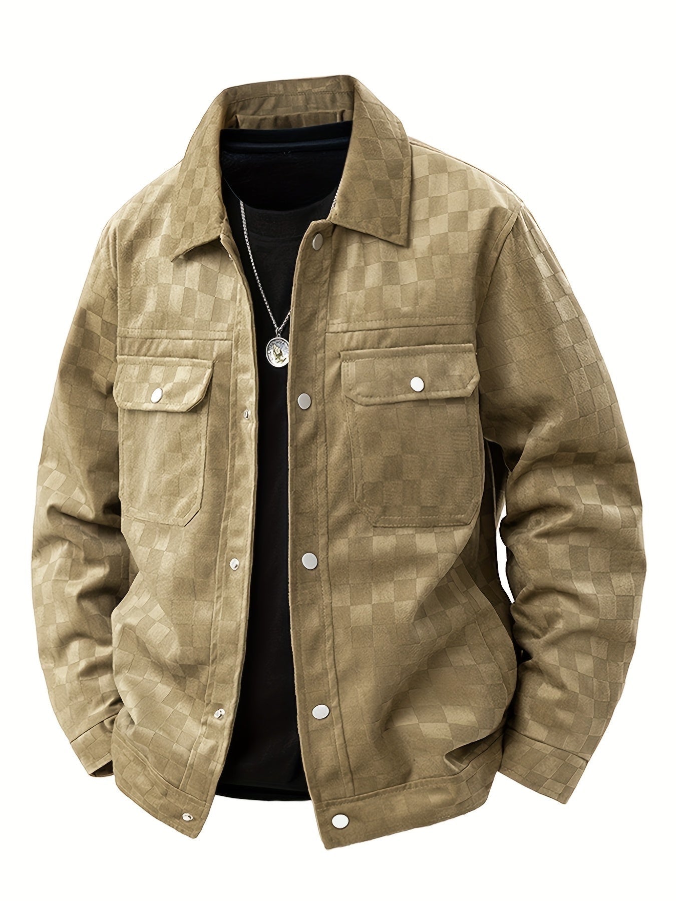Chaqueta Mario de ante de terciopelo con textura de cuadros en color camel, con bolsillos de solapa y forro de satén.