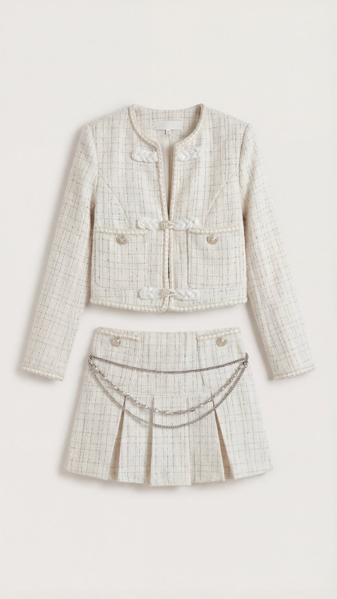 Conjunto Doris de Chaqueta Tweed Corta y Minifalda Plisada