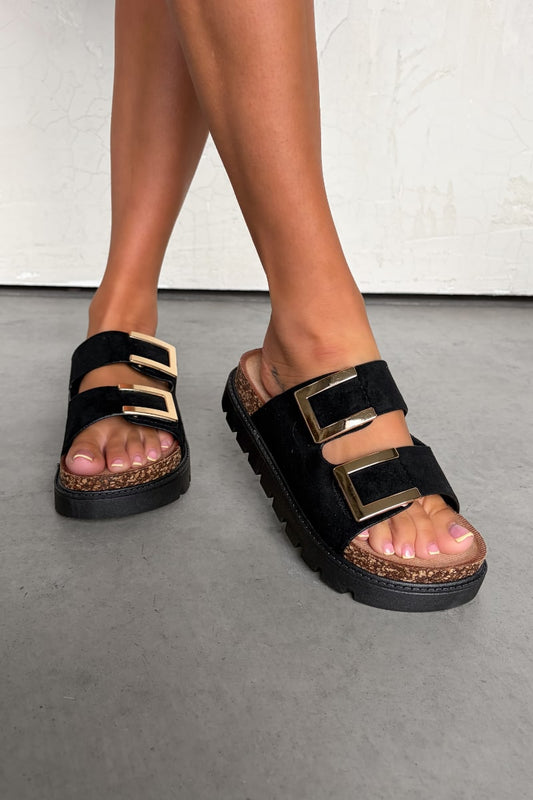 Sandalias Diana con Hebilla Dorada - Negro