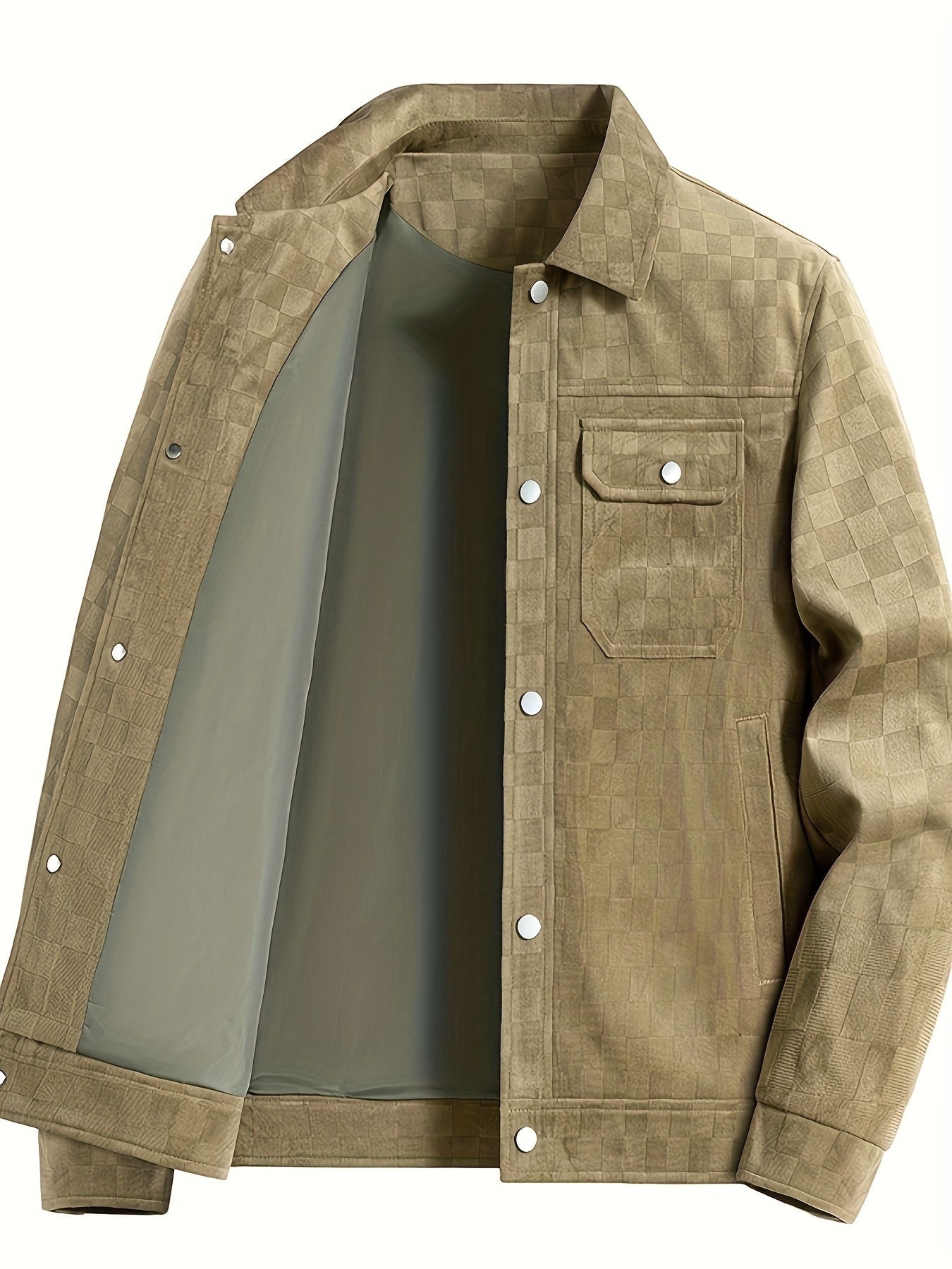 Chaqueta Mario de Alma Cruz en ante de terciopelo con textura de cuadros en color caqui, bolsillos con solapa y forro de satén.