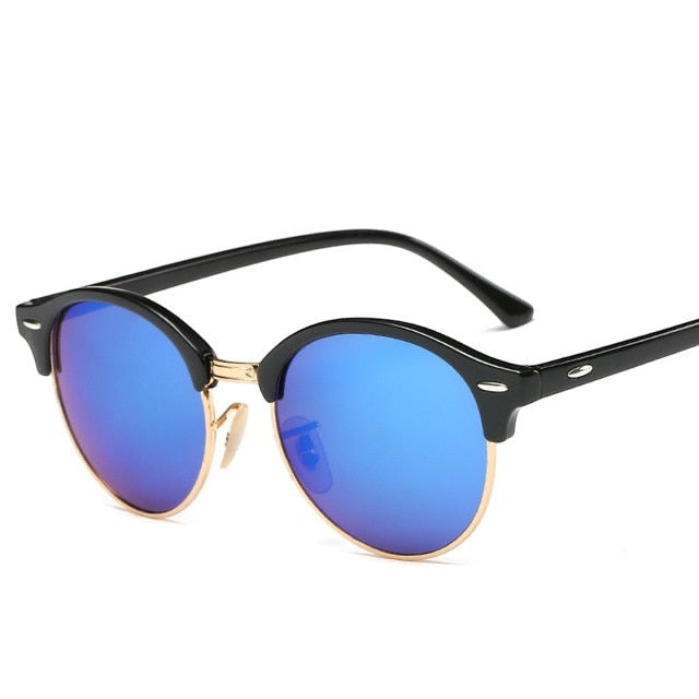 Alma Cruz Gafas de sol Luis con lentes azules de espejo, montura de aleación negra y dorada, protección UV400.