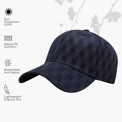 Gorra Benjamin de Alma Cruz con estampado de cuadros en azul marino, confección de algodón y acrílico, banda elástica.