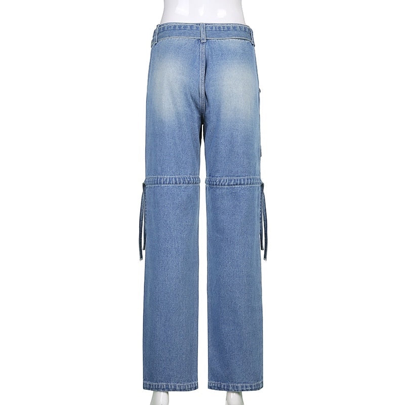 Pantalones vaqueros cargo de pierna ancha Alma Cruz con cordones ajustables en los tobillos y múltiples bolsillos.