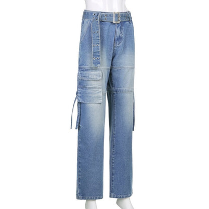 Pantalones cargo Alma Cruz vaqueros de pierna ancha con cinturón y cordones ajustables en los tobillos.