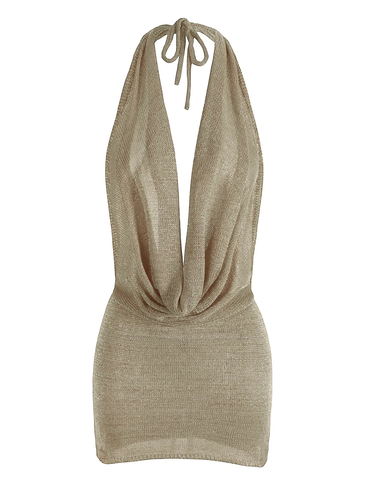Vestido corto dorado de poliéster con escote profundo en V y espalda descubierta, de Alma Cruz.