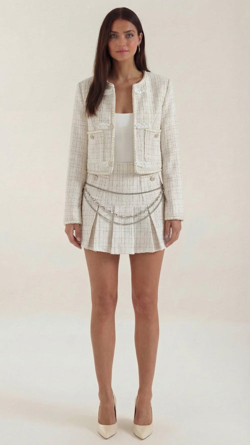 Conjunto Doris de Chaqueta Tweed Corta y Minifalda Plisada