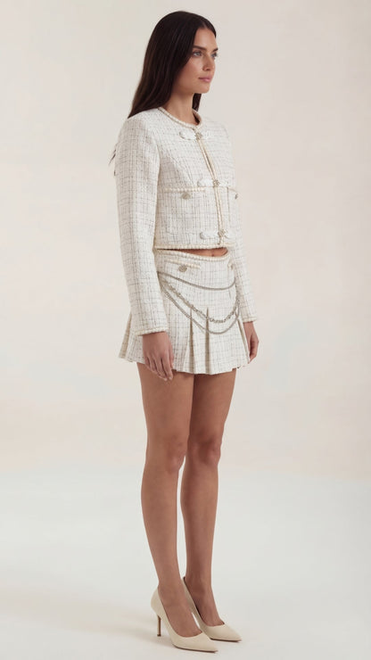 Conjunto Doris de Chaqueta Tweed Corta y Minifalda Plisada