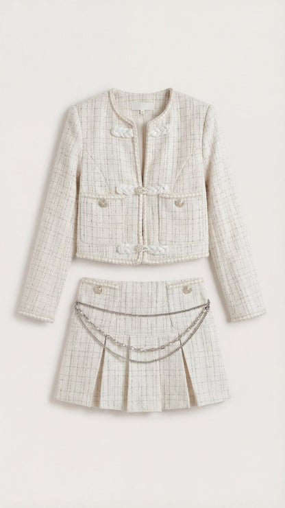 Conjunto Doris de Chaqueta Tweed Corta y Minifalda Plisada