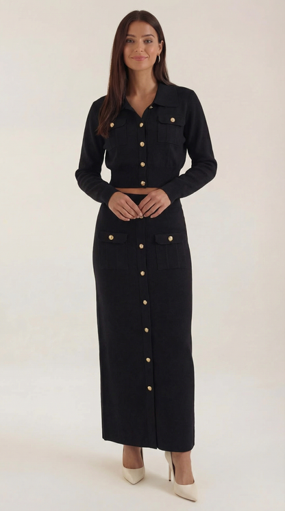 Conjunto Evelyn de Punto con Chaqueta y Falda Maxi