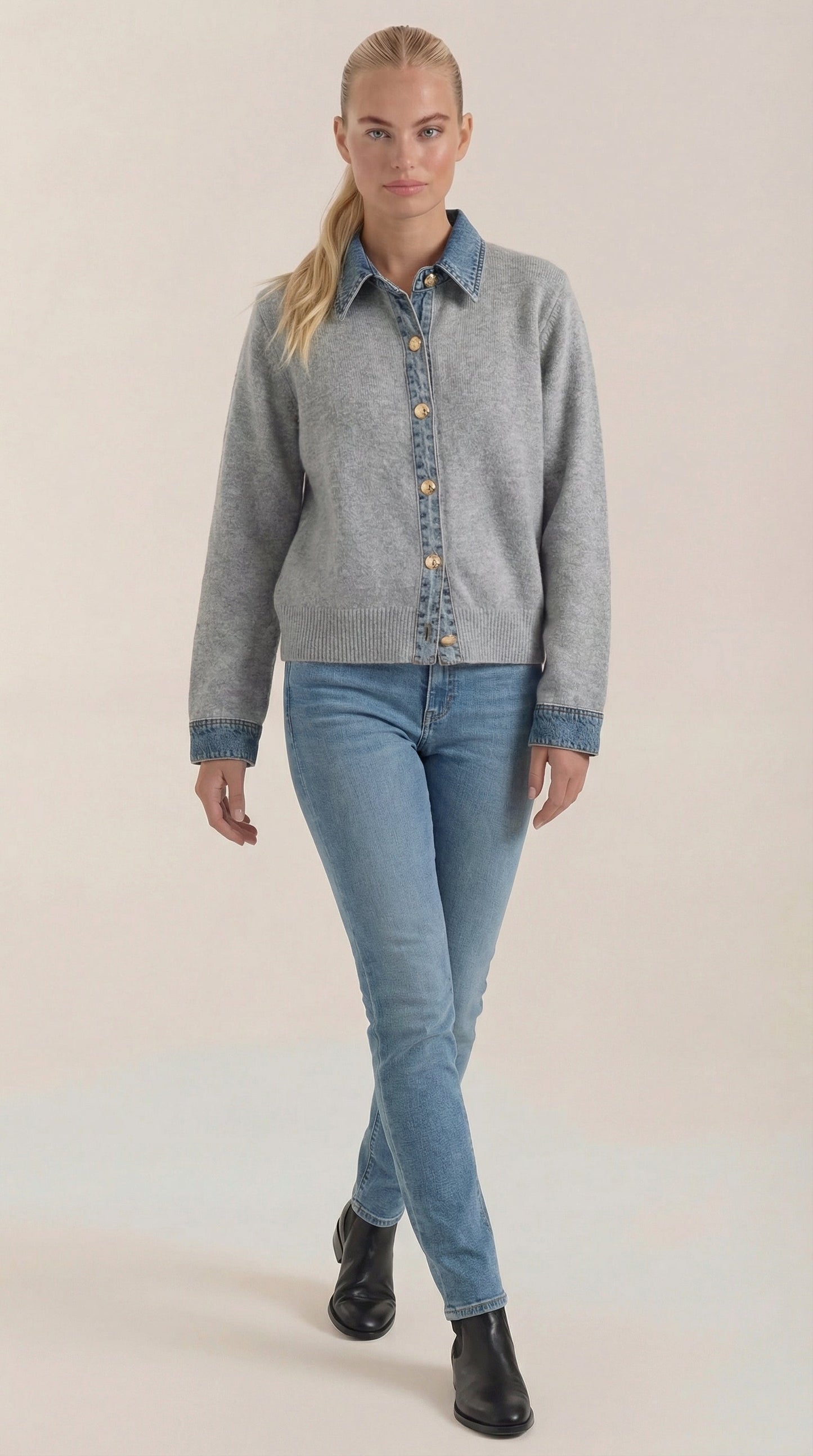 Cárdigan Jody de Punto con Cuello Denim