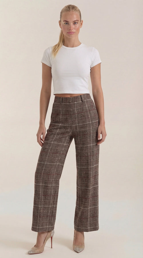 Pantalón Leigh de Cuadros Tiro Alto y Pierna Ancha