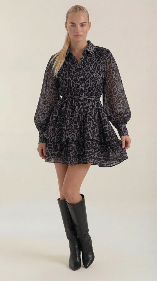 Vestido Camisero Mini Stella con Estampado Leopardo