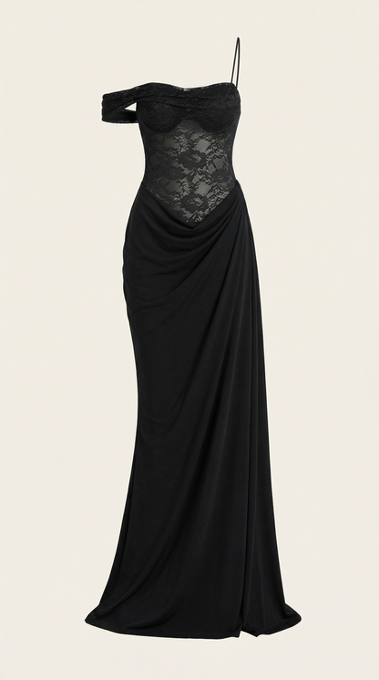 Vestido Maxi Giselle de Encaje con Corsé y Un Hombro