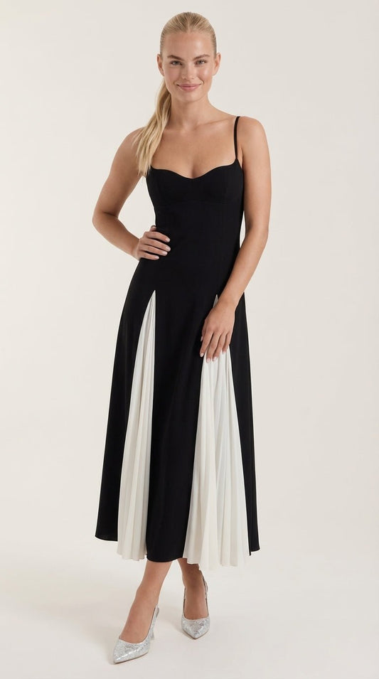 Vestido Midi Goldie con Falda Plisada Bicolor